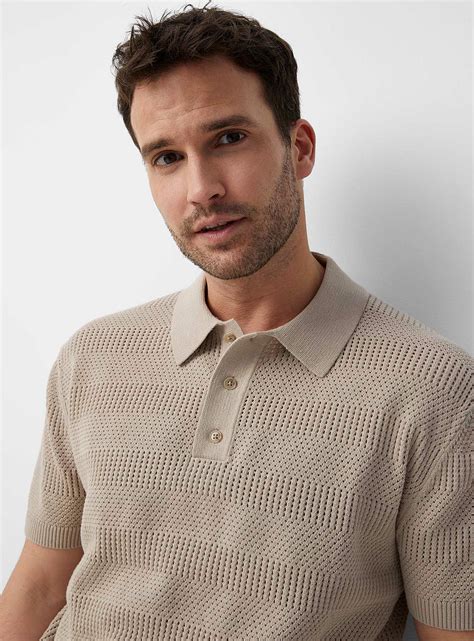 Le 31 - Geo pointelle knit polo (Men, Beige) | Knitwear men, Polo shirt ...