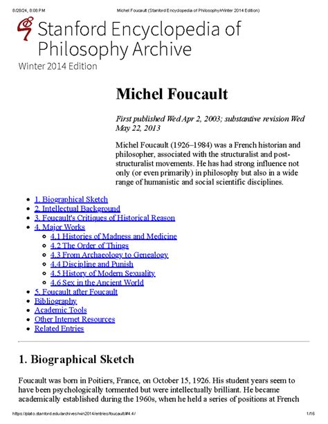 Michel Foucault (Stanford Encyclopedia of Philosophy Winter 2014 ...