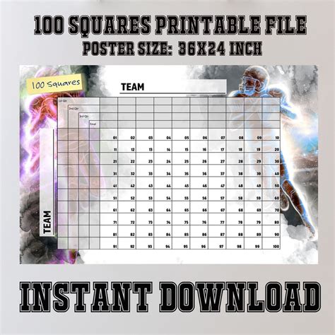 Printable Super Bowl Squares 4 Quarters 100 Numbers Squares Game ...