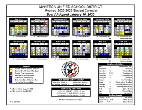 Manteca Unified School District Calendar 2025-2026 in PDF