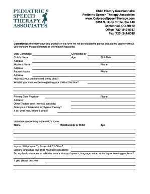 Fillable Online Child History Questionnaire Pediatric Speech Therapy ...