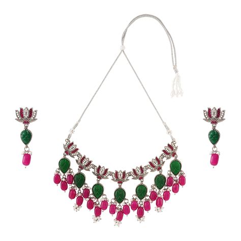 Teejh Sadhani Silver Oxidised Pink And Green Necklace Set