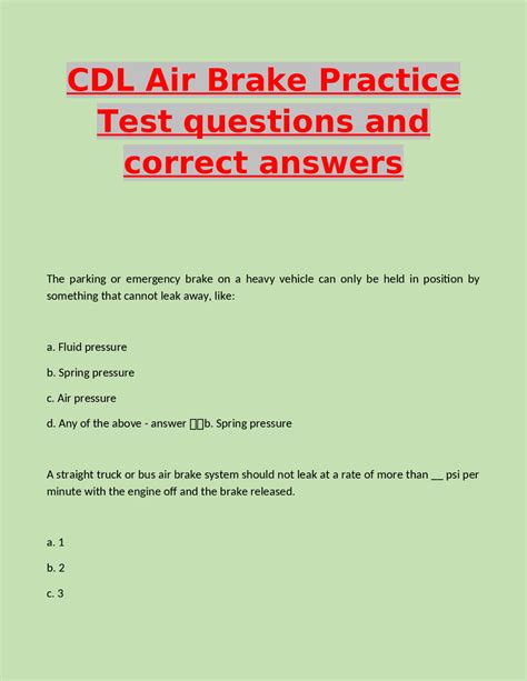 CDL Air Brake Practice Test questions and correct answers | Exams ...