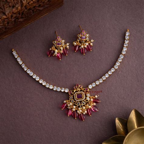 AD Stone Necklace with Pink Beads – AJ Punnagai