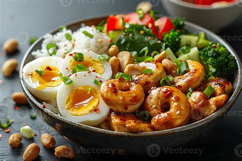 Healthy Chicken and Shrimp Buddha Bowl with Vegetables, Quinoa, and Boiled Eggs - Ideal for ...