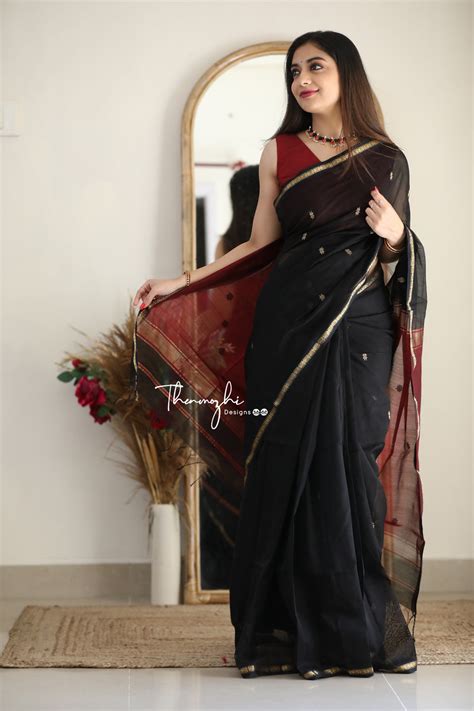Shop Black Maheshwari Silk Cotton Handloom Saree Online for Women