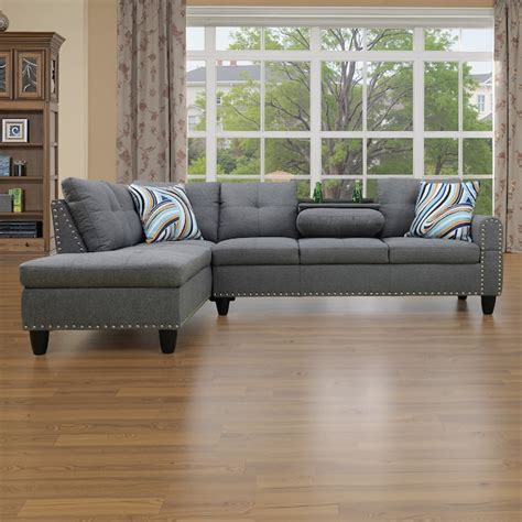 Misty Moon 3-Piece L-Shaped Sectional Sofa Set in Grey Linen for Living ...