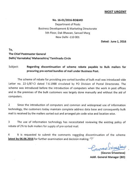 Discontinuation of Scheme rebate payable to Bulk mailers for Procuring ...