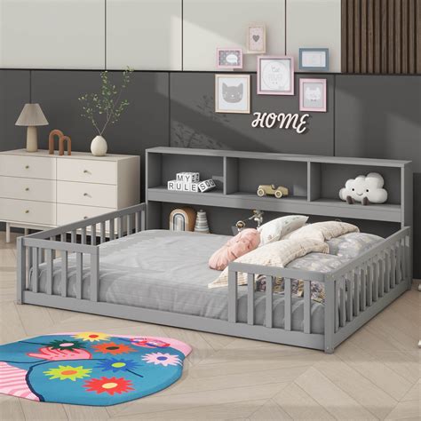 Latitude Run® Full-Size Floor Bed Accompanied By Bookcase And Shelves ...