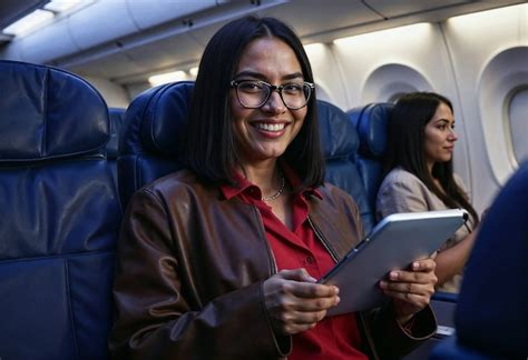 Femme dans un avion en utilisant une tablette | Image générée à base d’IA