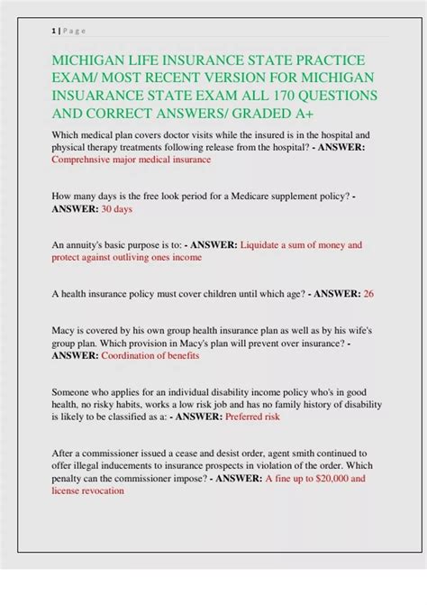 MICHIGAN LIFE INSURANCE STATE PRACTICE EXAM/ MOST RECENT VERSION FOR ...