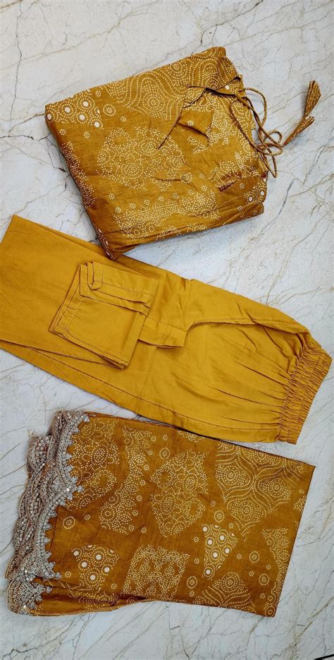 Mustard Yellow Cotton Full-Flare Gown Set with Bandhani Print & Dupatt ...
