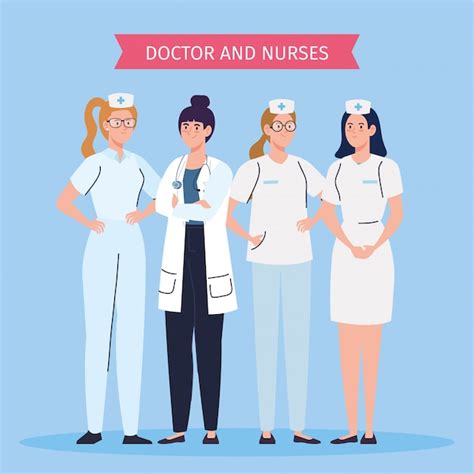 Medical team and staff, female doctor and nurses illustration design ...