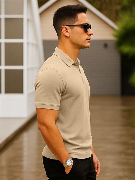 Beige Pique Plain Regular Fit Zipper Polo T-shirt – Veirdo