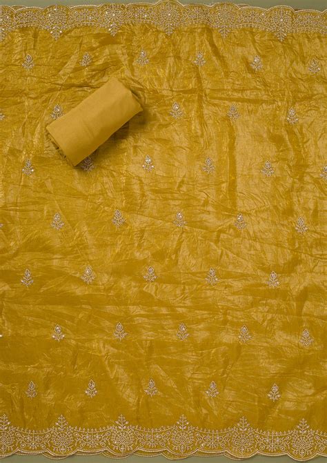 Buy Mustard Threadwork Tissue Unstitched Salwar Suit - Koskii