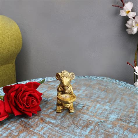 Brass Durable Home Decor Ganesha's Mouse Holding Oil Lamp Diya – Two ...