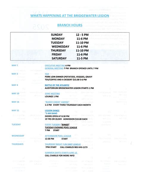 Bridgewater Legion Branch No. 24 - May 2025 Calendar