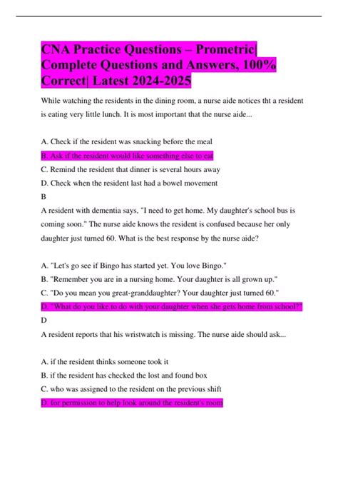 CNA Practice Questions - Prometric| Complete Questions and Answers, 100 ...