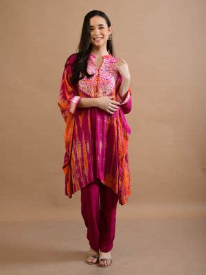 Buy TANYA BERRY Orange Pink Tie Dye Kaftan With Shibori Yoke Pant (Set ...