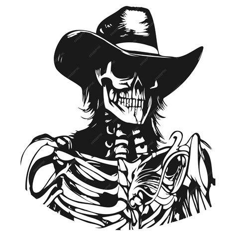 Premium Vector | Skull with cowboy hat tattoo hand drawn vector black ...