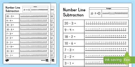 Number Line Subtraction From 20 Worksheet for K-2nd Grade