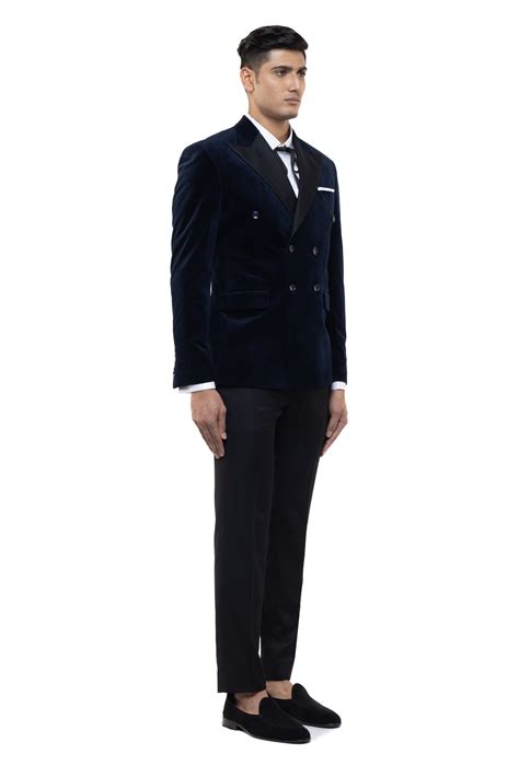 Navy Blue Velvet Peak Lapel Double Breasted Tuxedo Set - SDS | KUSHAL SHAH