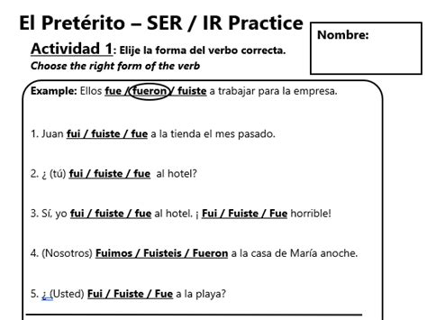 El pretérito / Preterite tense SER and IR practice worksheet | Teaching ...