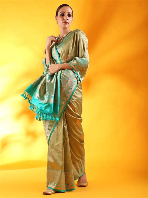 Pista Green Banarasi Tussar Silk Saree with Kadiyal Border – bbaawri