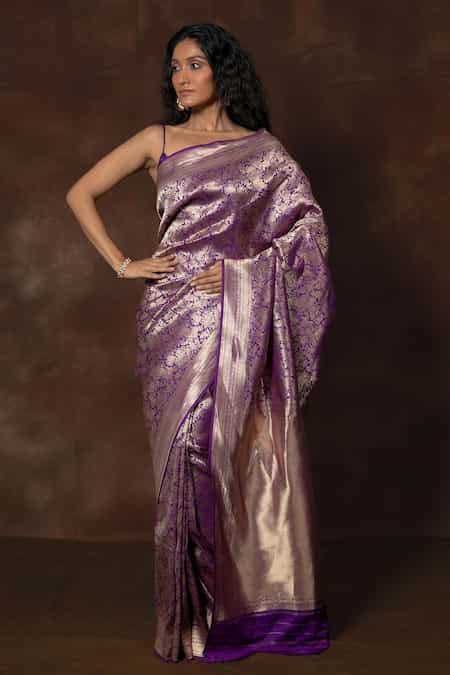 Buy Purple Silk Embroidery Handwoven Banarasi Saree For Women by VISHWA ...