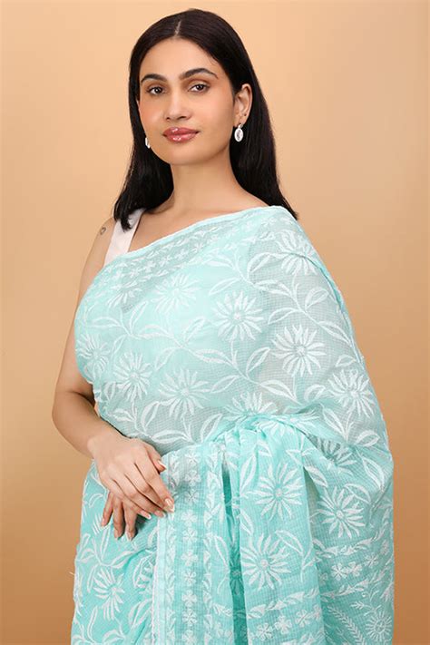 Shwet Cyan Blue Kota Cotton Chikankari Saree Online – Okhaistore