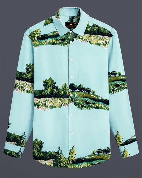 Pale Turquoise Blue Tropical Casual Prints Premium Cotton Shirt For Men ...