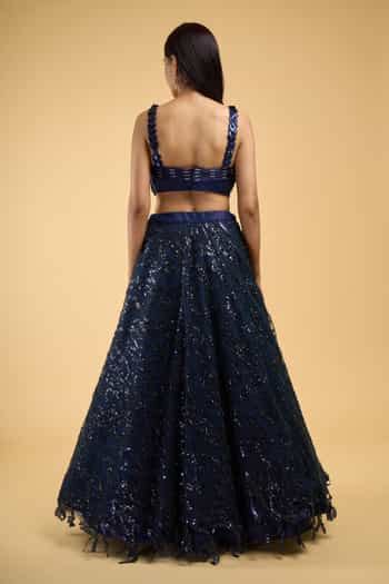 Buy Blue Net Sequins, Embroidery Sweetheart Neck Wave Lehenga Set For ...