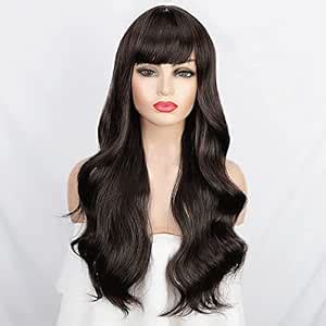 LUSH LOCKS Brown Wigs for Women Long Curly Wavy Wig with Bangs Brunette ...