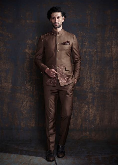 Brown Embroidered Bandhgala Suit
