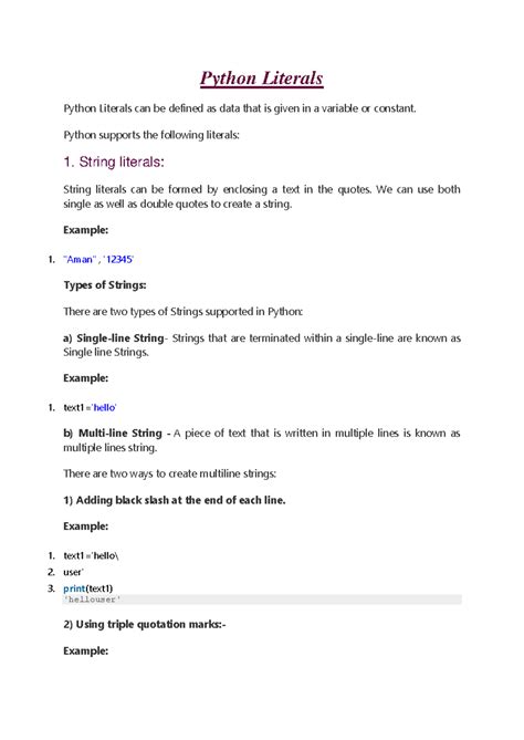 Python Literals Overview - LECTURE NOTES - Studocu