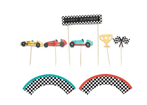 Vintage Race Car Cupcake Cake Toppers 11 Pack Checkered Flags ...