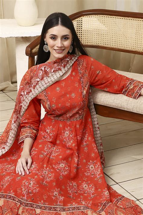 Buy Orange Cotton Printed Anarkali Suit Set Online at Biba Global