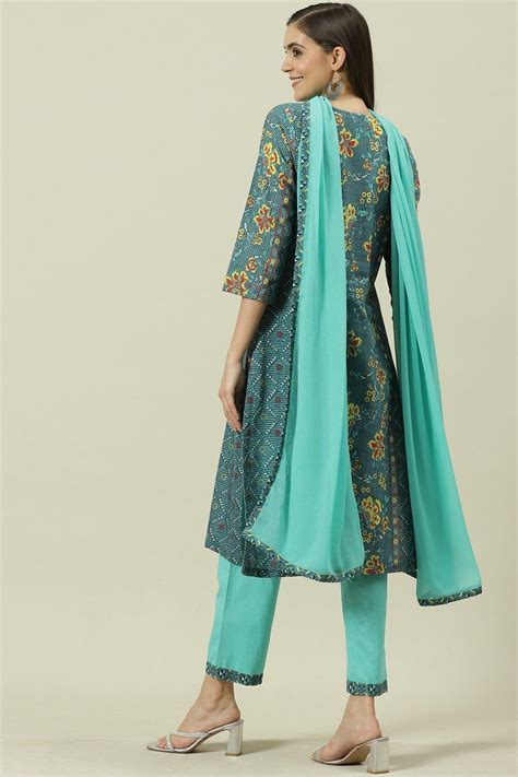 Blue Printed Straight Kurta Regular Pant Suit Set