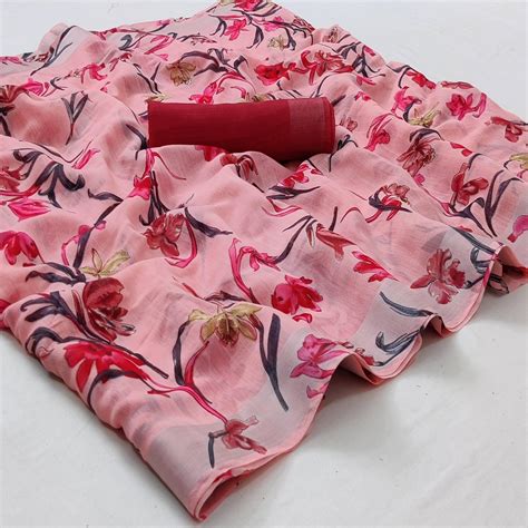 Peach Casual Wear Floral Printed Linen Saree With Silver Border