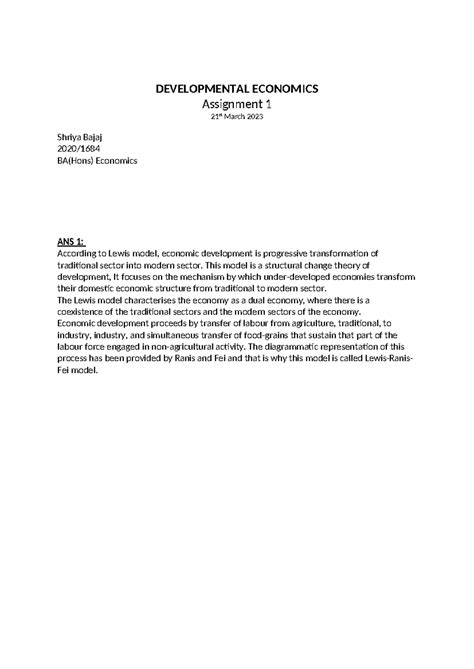 Developmental Economics Assignment 1 - DEVELOPMENTAL ECONOMICS ...