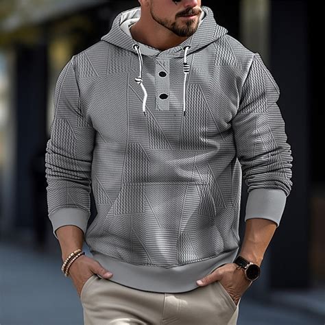 Men's Hoodie Button Up Hoodie Black White Gray Hooded Plain Jacquard ...