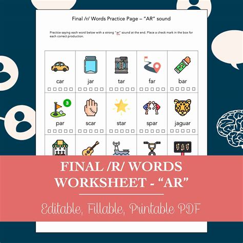 Final /R/ Words "AR" Sound Worksheet for Speech Therapy (Editable ...
