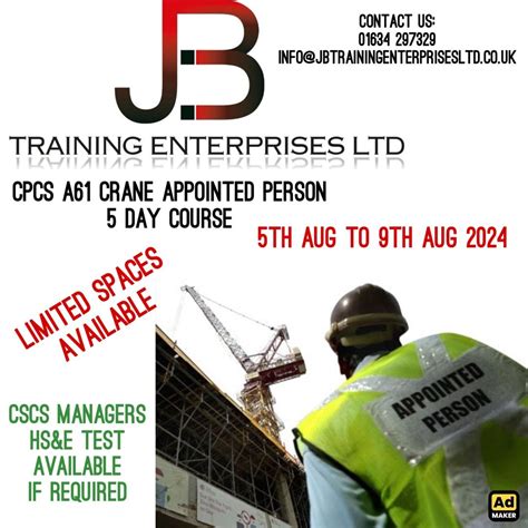 CPCS A61 Crane Appointed Person Courses available at JB Training ...