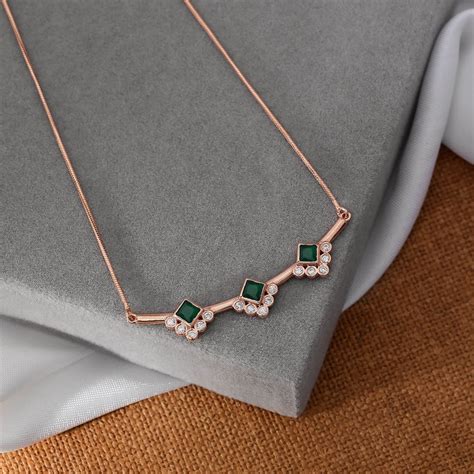 Rose Gold Plated Square Green Trio Silver Necklace