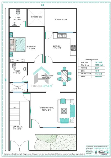 24X50 East Facing 1BHK Ground Floor House Plan | 1200 Sqft Plot Floor Plan