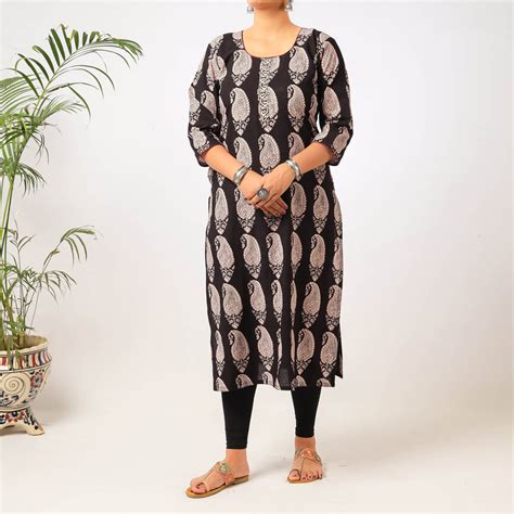 Black Block Print Cotton Straight Bagh Kurta For Women
