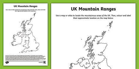 Mountain Ranges in the UK Map Activity Worksheet - Twinkl