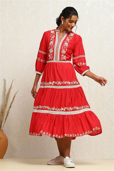 Buy Cherry Red Pure Cotton Embroidered Tiered Dress Online at Biba India