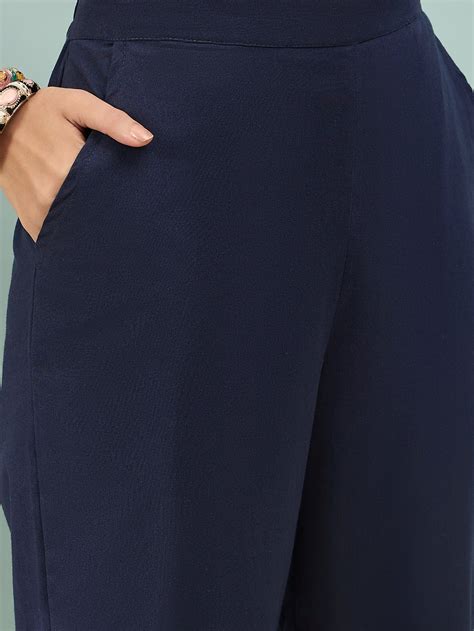 Women’s Navy Blue Solid Cotton Trousers – Pichawai