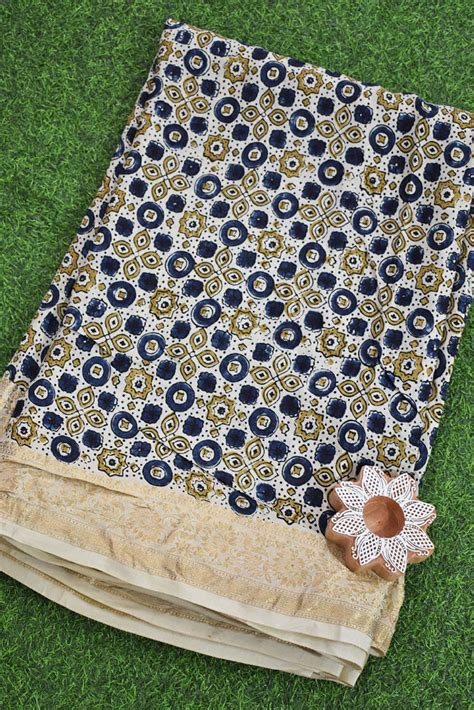 Beautiful Ajrakh Dola Silk Hand Block Print Fabric - 3 mtrs cut ...